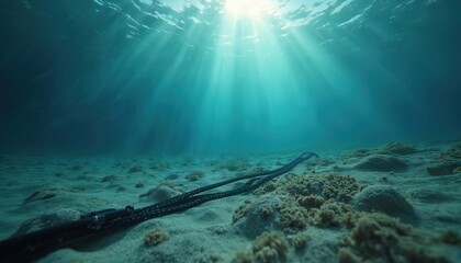 Underwater internet cable laid on ocean floor. Sun rays penetrate deep blue water, illuminating seabed infrastructure for global data transfer. Connects continents undersea.