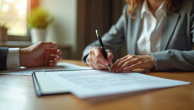 Woman signs contract with pen at desk in office. Business agreement completed. Paperwork signing. Partner awaits signature. Successful business transaction. Loan approval, financial commitment. New