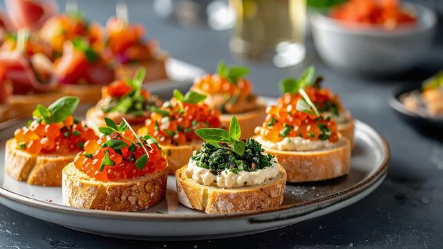 Elegant canap&eacute;s topped with red caviar, cream, and fresh herbs served on toasted baguette slices for a gourmet appetizer.