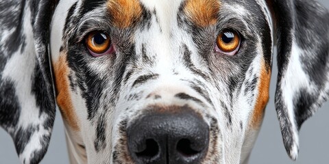 Captivating Eye-Level Portrait of a Charismatic Harlequin Great Dane with Engaging Amber Eyes
