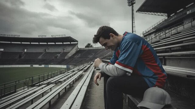 Sad young man sports fan covering face in despair at stadium, reflecting on disappointment during empty game in bad weather