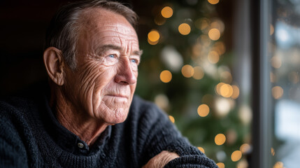 Elderly man looking out the window with a Christmas tree softly blurred in the background.