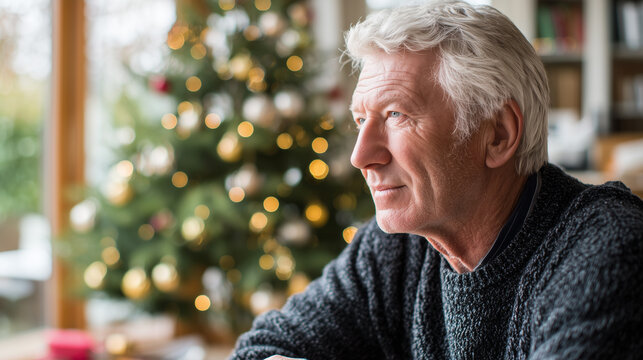 Thoughtful senior man gazing out of the window with a Christmas tree softly blurred in the background. - Powered by Adobe