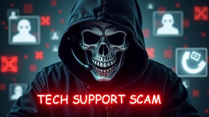 A masked figure with a skull face wears a headset, representing the concept of tech support scams in a dark, ominous setting.