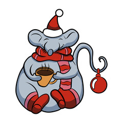 Illustration of a fat mouse with coffee.