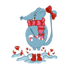 Illustration of a cute little mouse with a bow and a candy