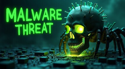 A menacing, glowing skull with spider legs symbolizes the danger of malware and cyber threats.