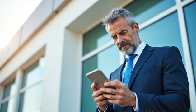 Mature businessman checks phone outside modern building. Serious man in suit uses smartphone near office. Pro executive works on mobile device. Business person reads message at workplace - Powered by Adobe