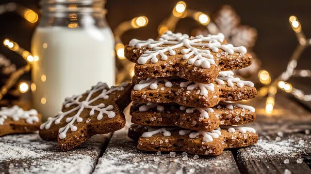 Snowflake gingerbread cookies stacking beside milk glass with holiday lights. Christmas treat arrangement on wooden surface with snow and sparkle effects.