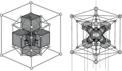 Abstract geometric wireframe models illustrating complex spatial concepts