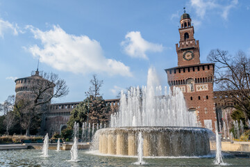 Sforzesco Castle and fountain, Milan, Italy