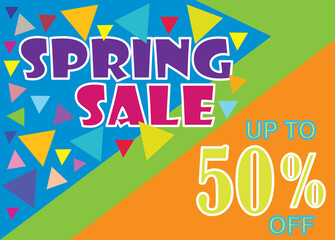 Poster. spring sale up to 50% off, colors and marketing.	