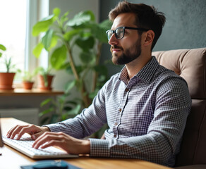 A man wearing glasses working at home on computer. He is typing on keyboard at desk. Remote worker is focused on his work. Home office, freelance job.