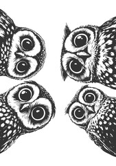 Naklejka premium wide-eyed owls peeking downward with expressive faces sketch engraving generative ai raster illustration. Scratch board imitation. Black and white image.