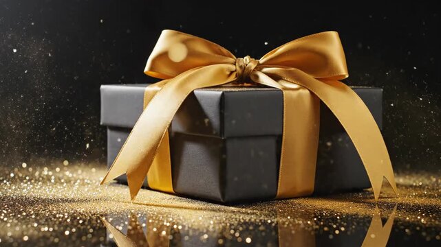 Luxury black gift box tied with gold ribbon in a sequence of sparkling glitter falling around it. Elegant festive packaging concept for celebrations and special occasions.