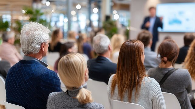 Attendees a business conference listening a speaker, learning and exchanging ideas during presentation workshop - Powered by Adobe
