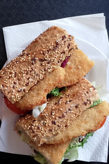 Seeded bread with chicken and vegetables. Healthy food. Zenith view.