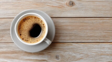 Fresh hot black coffee a white cup with foam on wooden table, offering morning refreshment and energy