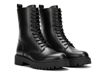 Shiny black leather combat boots stand tall against a stark white background