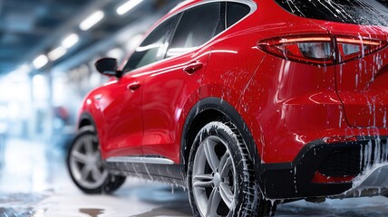 Red car undergoing automatic wash, covered in cleansing foam and water service care for vehicle