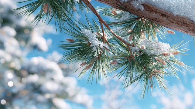 Pine tree branch covered in fresh snow and sparkling frost during a bright, cold winter day with blue sky clear - Powered by Adobe