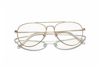 Clear lens aviator style optical frames rest on a bright white surface casting shadows