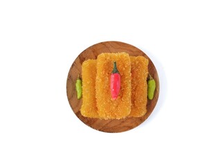 Risoles or Indonesian typical traditional food on plate isolated on white background. Flat lay 