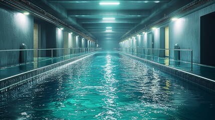 A facility harnessing energy from salinity gradients in water, showcasing a long canal filled with turquoise water inside a concrete structure with doors and overhead lighting, reflecting innovation.