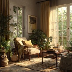 Fototapeta premium Cozy living room interior featuring a comfortable armchair, wooden coffee table, lush plants, and large windows allowing natural light to create a warm and inviting atmosphere