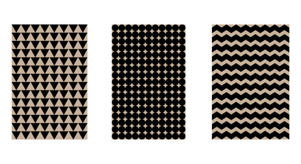 Three vertical abstract patterns in black and beige with geometric designs