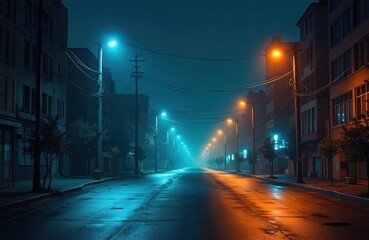 Fototapeta premium Empty street scene at night. Buildings glow with warm light in cool blue haze. Streetlamps cast shadows on wet pavement creating eerie atmosphere. Deserted urban landscape evokes solitude, mystery