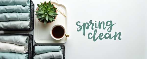 Clean white background with spring cleaning word. Metal storage baskets with folded clothes. Succulent plant and coffee cup. Home organization and declutter concept.