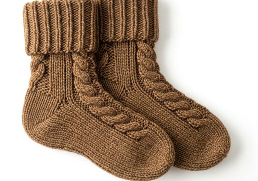 Pair of warm, brown, cable-knit wool socks displayed on a white background