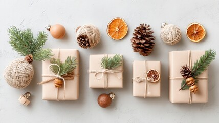 Holiday gifts presenting an eco friendly approach to gifting, using natural materials like kraft paper, twine, dried fruit cones, and pine