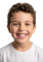young caucasian boy (6) with tight brown curly hair and a white t-shirt, giving an enthusiastic open-mouth smile showing perfect primary teeth on a transparent background with copy space. concept for
