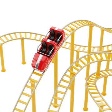 Stylized isometric 3d icon of a cherry red roller coaster car on a winding safety yellow track with chrome accents, isolated on white. Concept for entertainment cg icon