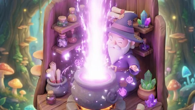 Old man wizard stirring a glowing potion in a cauldron, magical potion brewing in a fantasy forest setting, spell casting with purple light.