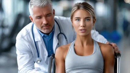 rehabilitation session with doctor guiding wheelchair patient through exercises,