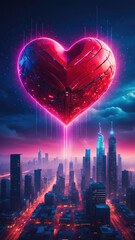 Futuristic Heart Rising Over Neon City