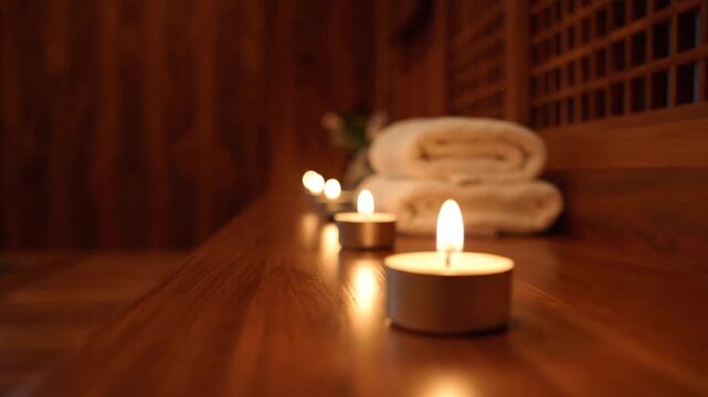 Serene Spa Ambiance with Warm Wooden Interior, Lit Candles, Stacked Stones, and White Towels for Relaxation and Wellness
