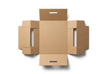 Unfolded brown corrugated cardboard shipping container shows its internal structure and folding flaps