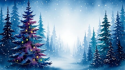 Enchanting watercolor winter forest scene with snowcovered christmas tree illuminated by warm lights in a misty blue landscape