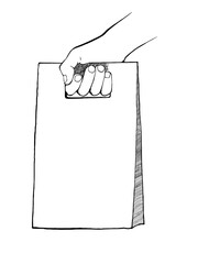 Line drawing of a paper bag with coffee beans, vector illustration