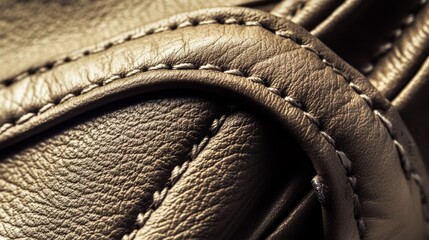 Close up macro shot of luxurious handbag stitching and rich leather texture, showcasing intricate details and craftsmanship in a stunning visual display