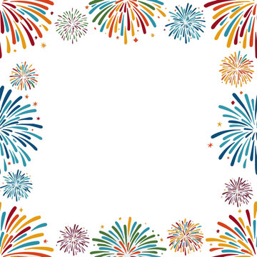 Isolated a decorative border with colorful exploding fireworks in the sky - celebration card, festival banner vector art with white background.