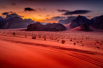 Fototapeta premium Wadi Rum at sunrise with mountains. Desert landscape of Jordan.