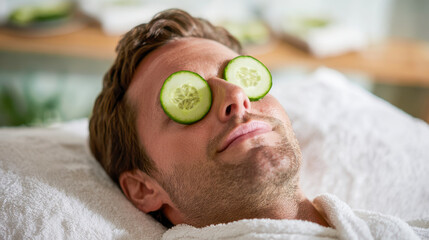 Man relaxing with cucumber slices on eyes during beauty treatment