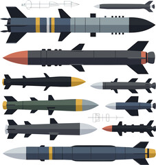 Isolated a kinds of deferent Missile vector art with white background.