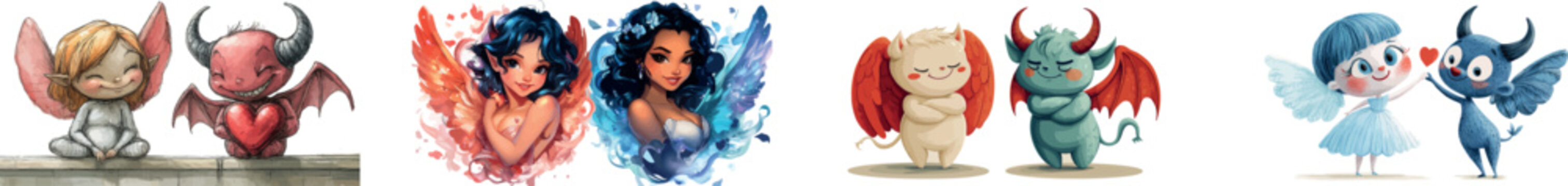 Simple gradients are used in this modern clip art illustration of a dabbing angel and devil, with each figure on a separate layer