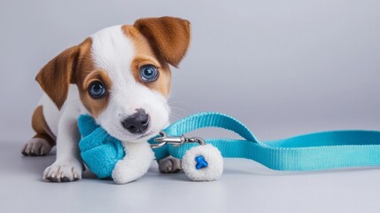 Small puppy with blue eyes is playfully holding a soft toy while a bright blue leash is draped beside it, showcasing a playful pet moment